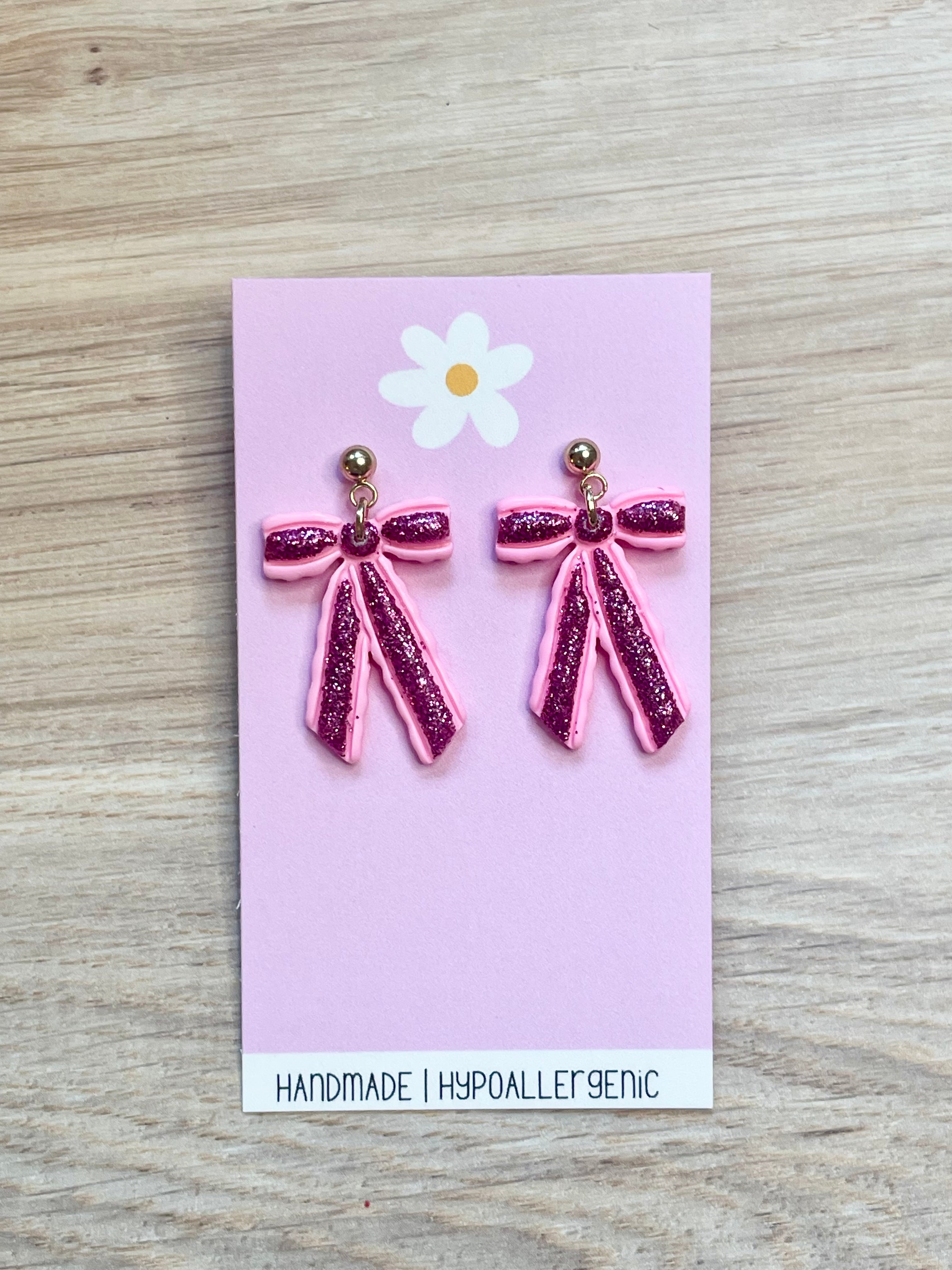 Sparkle Pink Bow Dangles
