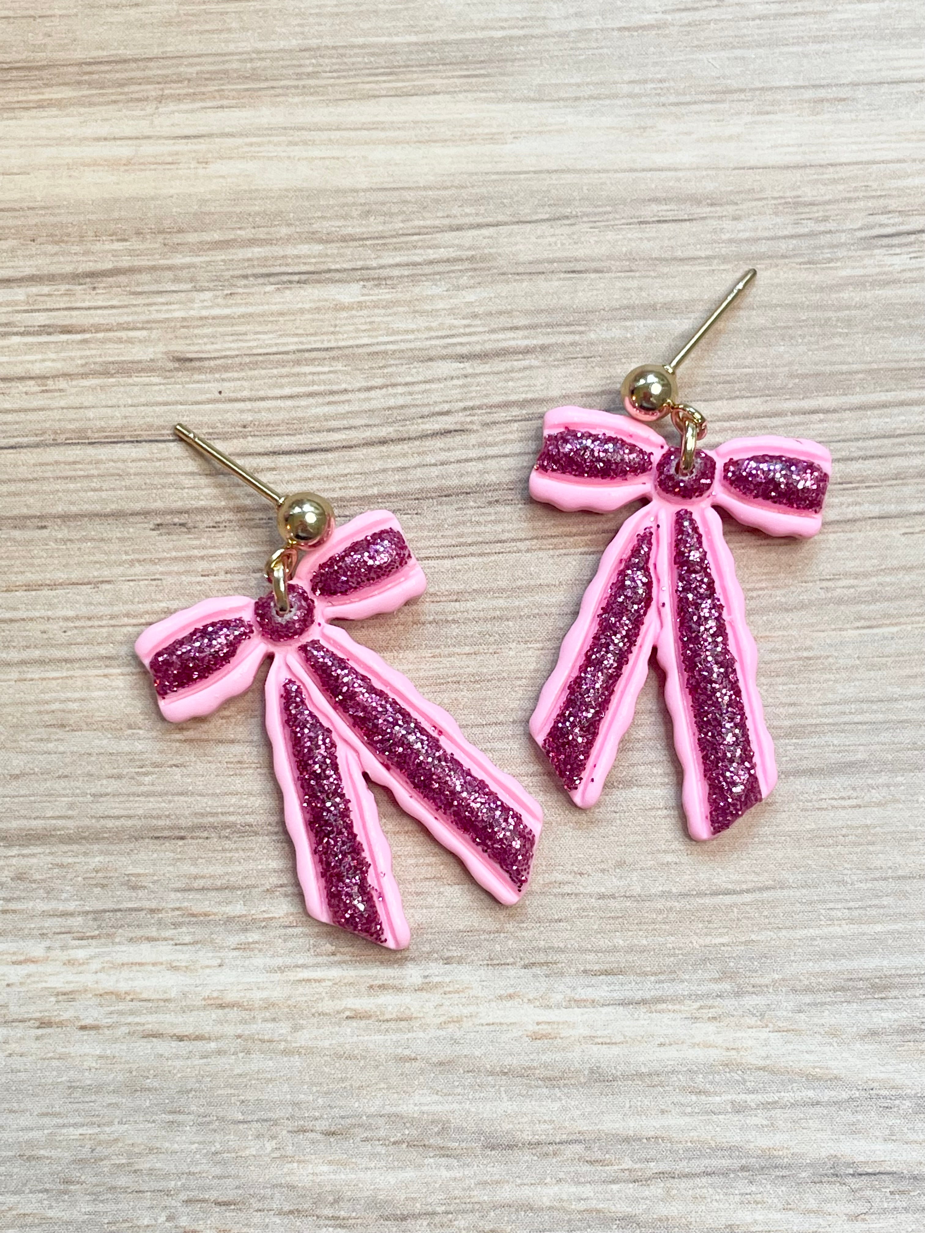 Sparkle Pink Bow Dangles