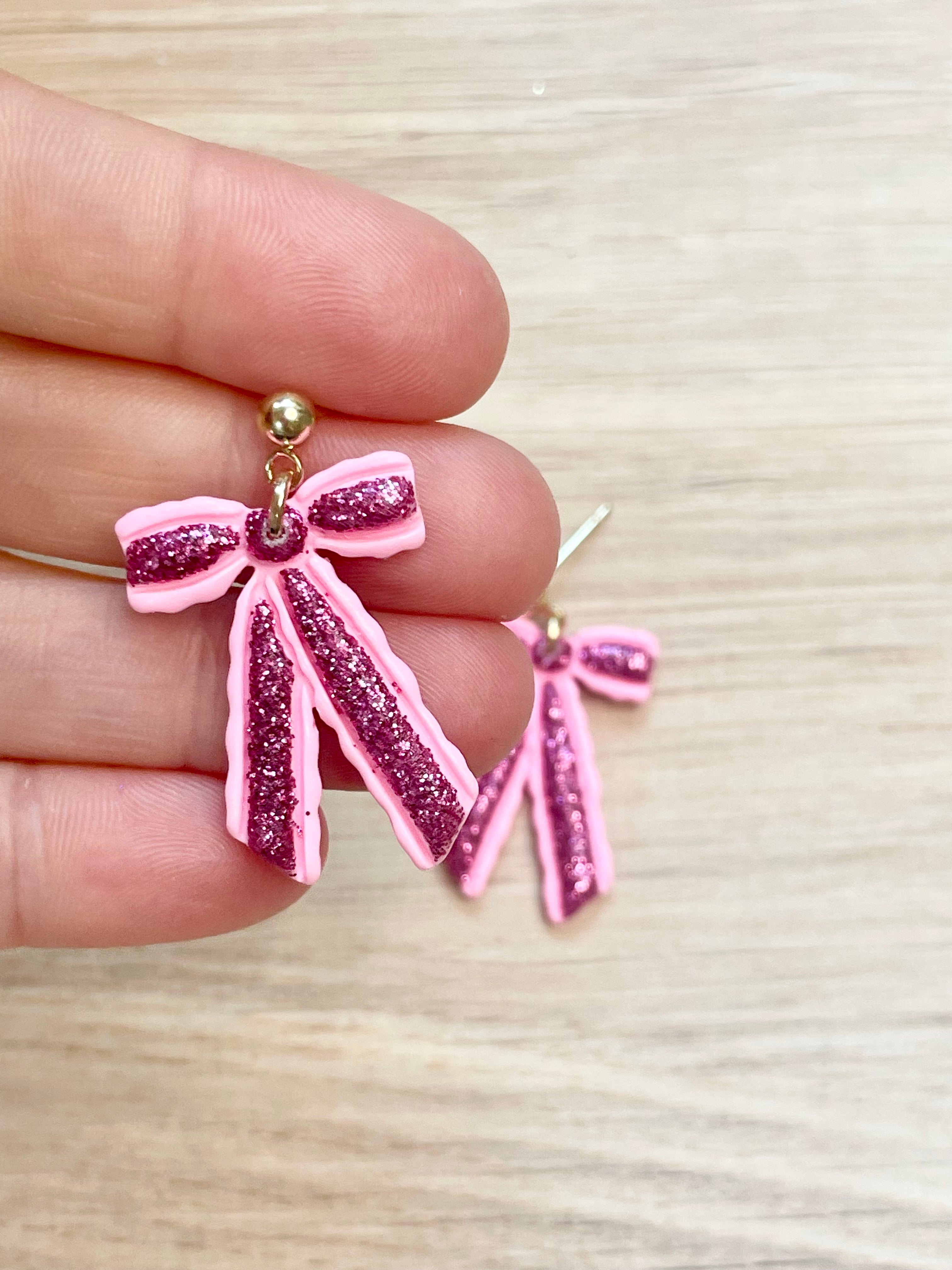 Sparkle Pink Bow Dangles