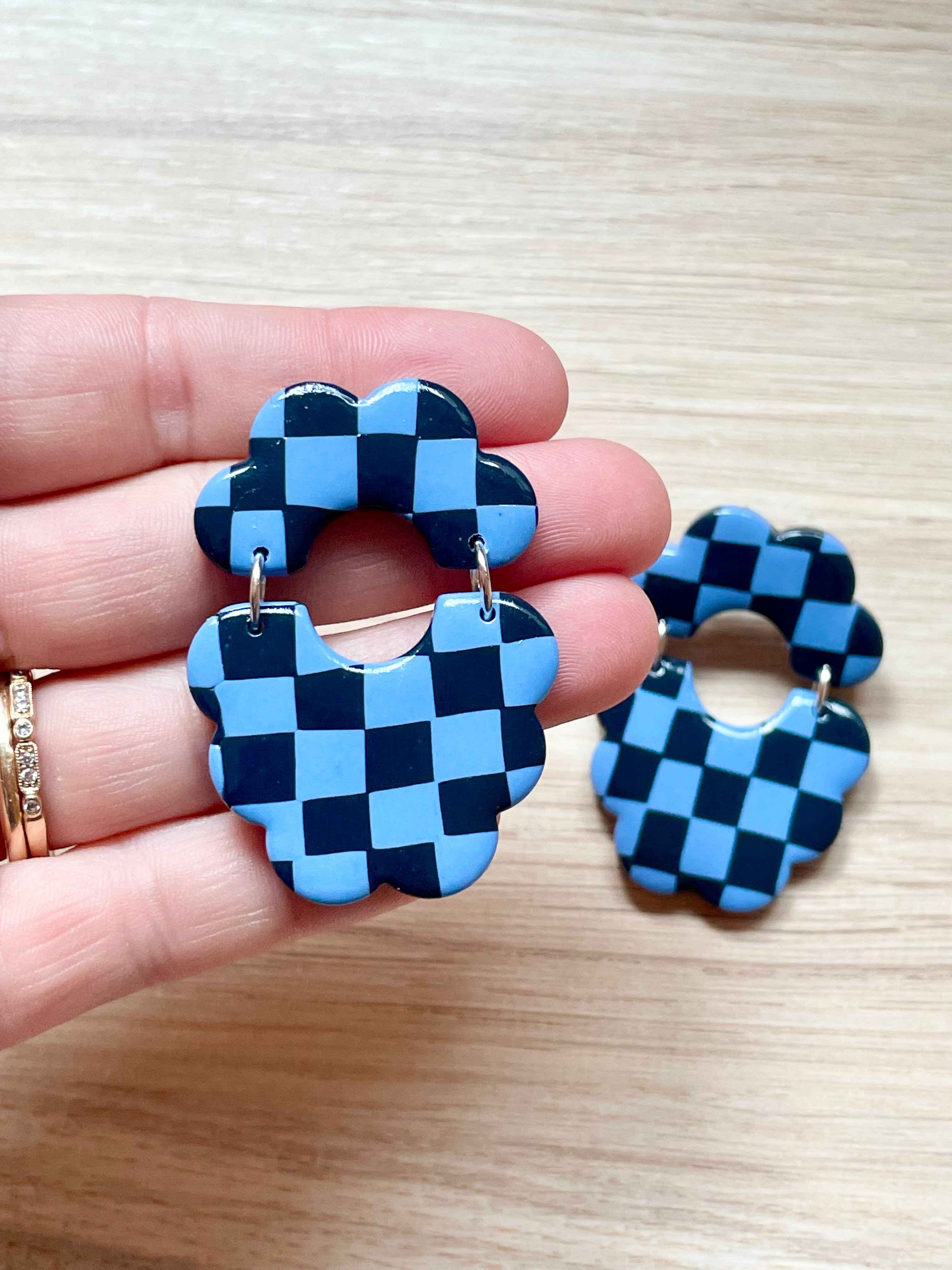 Blue Checkered and Scalloped Dangles